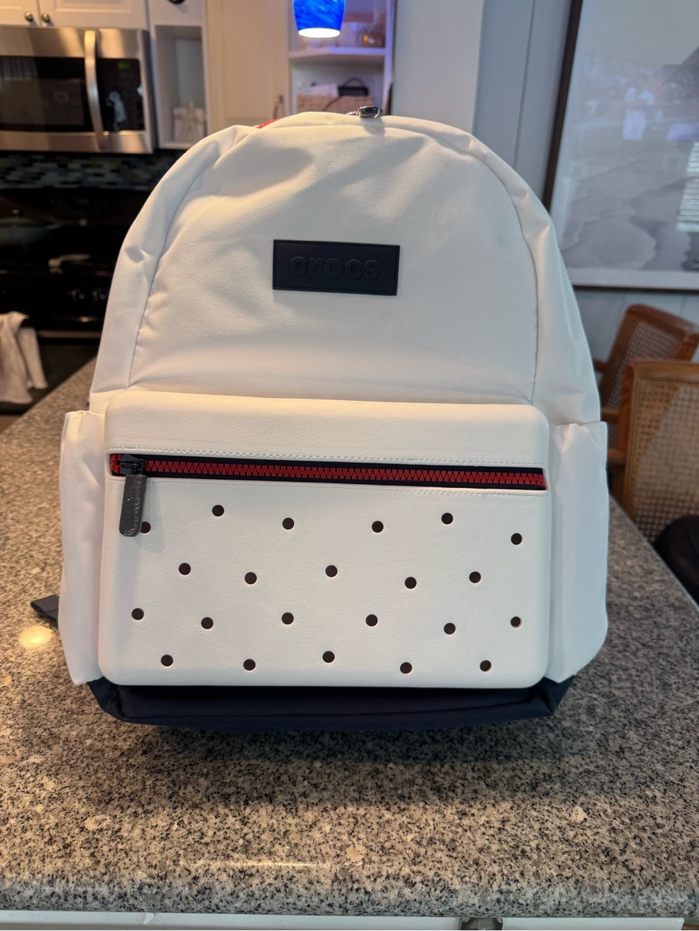 CROCS White Backpack with Navy Base and Red Zip Accent